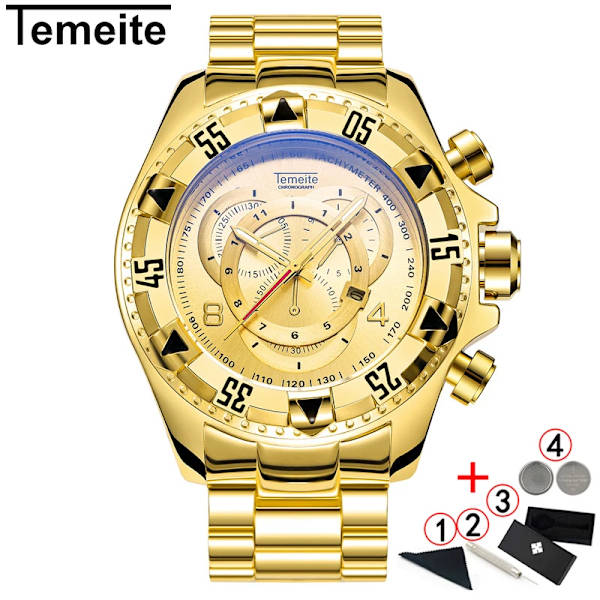 Herrklockor toppmärkt Luxury Quartz Gold Watch Herr Big Dial Vattentät Golden Business Armbandsur herr 2021 Relogio Masculino full gold box