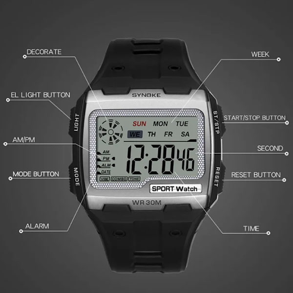SYNOKE Watch för män Militär fyrkantiga digitala klockor Herr Elektronisk klocka LED-larm Vattentätt armbandsur Ny 9021Sliver