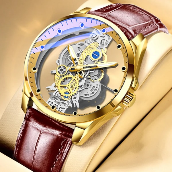 Armbandsur Double Hollow Automatisk Machine Rostfritt Stål Watch Icke-mekanisk Quartz Movement Tourbillon Watch for Herr silver