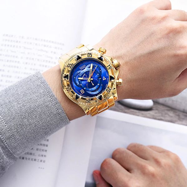 Herrklockor toppmärkt Luxury Quartz Gold Watch Herr Big Dial Vattentät Golden Business Armbandsur herr 2021 Relogio Masculino full gold tool