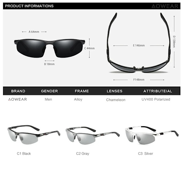 AOWEAR Photochromic Solglasögon Män Polariserade Day Night Driving Glasögon Högkvalitativa aluminium bågar kameleontglasögon Gafas C3 Grey Original