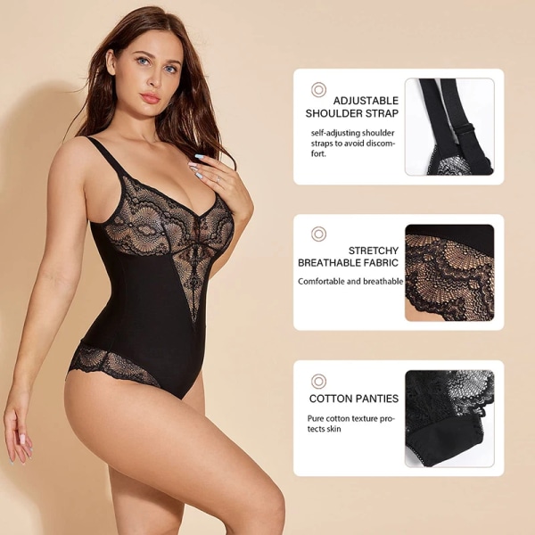 Sexig Splice Spets Shapewear Body Korsett Sling Underkläder V-ringad Endelad underkläder Slät magkontroll Full Body Shaper Cami White XL