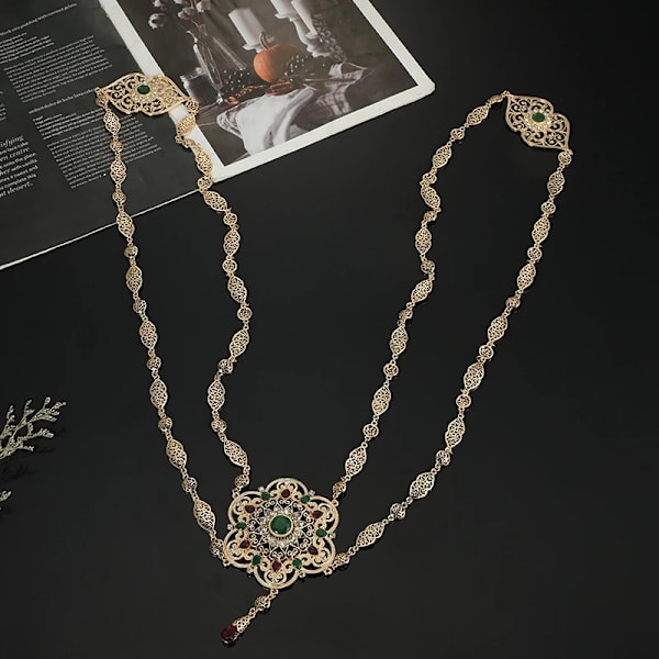 Marockanska bröllopsryggsmycken för kvinnor Blomdesign Guldfärg Kristall Axelkedja Smycken Kaftan långt halsband mix green stone 45cm