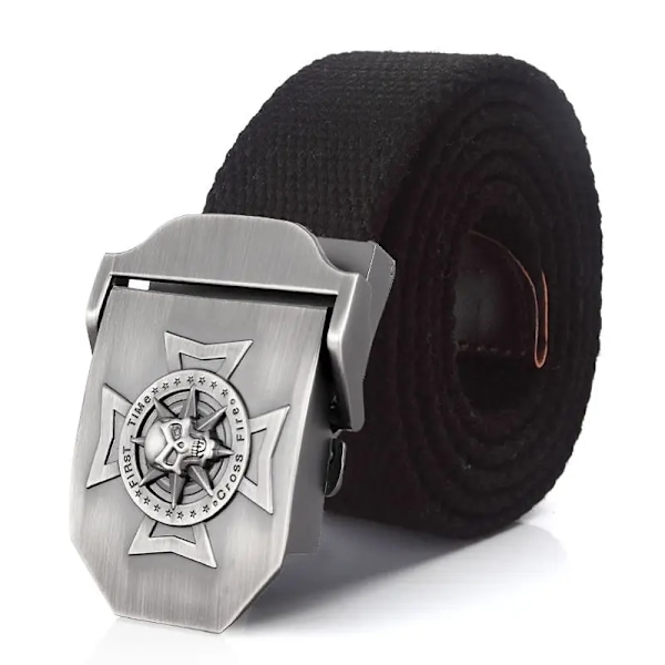 BOKADIAO Herr & Kvinnor Militär Canvas bälte lyxigt midjeband Skalle Cross Metal spänne jeans bälte Army taktiska bälten för manlig rem Khaki stripe 100cm