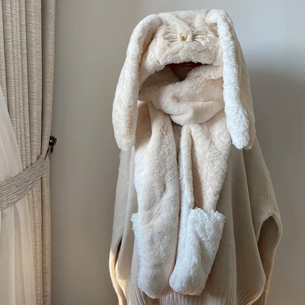 Öronlappsmössa Kvinna Söt Stor Öra Kaninhatt Bib Vinter Varm Mjuk Tjockning Fickmössor Huvad Mode Halsduk Hatt Handske Kaninhatt Apricot 56-58cm