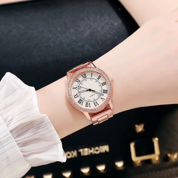 Stålband Enkel Casual Watch Retro Roman Rhinestone Luminous Quartz Watch Lyxarmbandsur för kvinnor 128WH