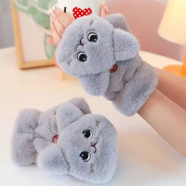 Kvinnor Vinterplysch Kattvantar Fingerlösa handskar Plysch Varmhandske Vinter Mjuka Tjocka Handskar för Kvinnor Tjej Flexibel Halvfinger Grey Rabbit Gloves One Size