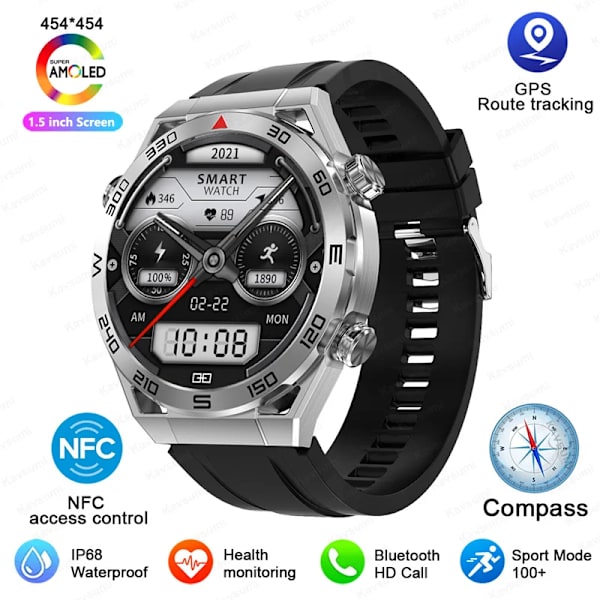 NFC AMOLED Smart Watch Herr Custom Dial Svara Ring Sport GPS Track Kompass IP68 Vattentät Smartwatch För Huawei Ultimate Silver