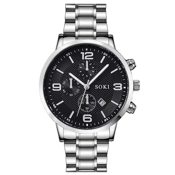 1st Män Business Mode Casual Rund Pointer Calendar Quartz Klockor 1st Armband Silver