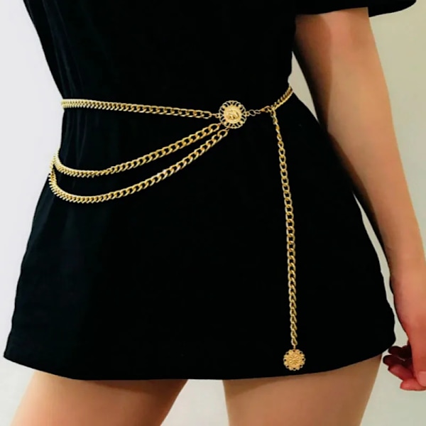 Bohemian Retro Style Multilayer Alloy Midjekedja Kroppskedja för kvinnor Runt hänge Magkedja Midjekedja Smycken N143-Gold 90cm