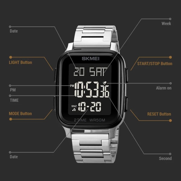 SKMEI Herrklockor 2 Time Digital Movement Watch Sport Countdown Clock 50M Vattentät Led Light Armbandsur Reloj Hombre Rose Gold