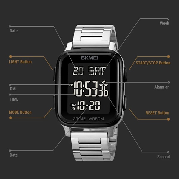 SKMEI Herrklockor 2 Time Digital Movement Watch Sport Countdown Clock 50M Vattentät Led Light Armbandsur Reloj Hombre Silver