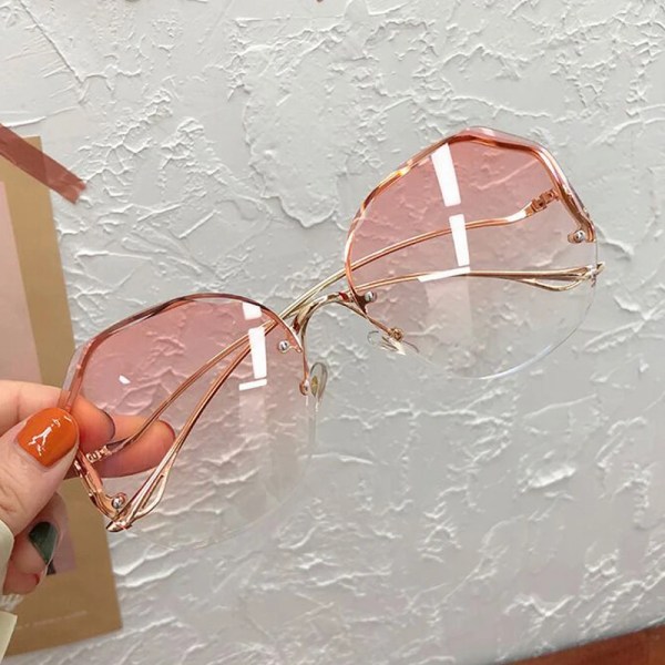 Oregelbundna runda solglasögon Kvinna Märkesdesigner Gradient Mode Solglasögon Kvinnlig båglös metall Böjda tempel Oculos De Sol Double Pink other