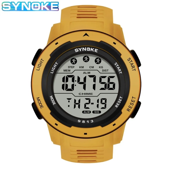 SYNOKE Herr Watch Sportklockor Timing Funktion Väckarklocka Vattentät 50M Watch Militärklocka Stor skärm yellow
