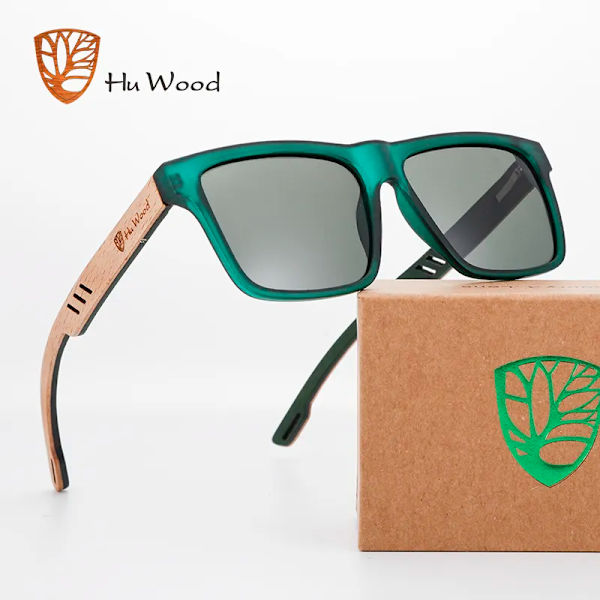 HU WOOD Nya högkvalitativa fyrkantiga solglasögon för män Polariserad UV400 Mode solglasögon Spegel Sportsolglasögon Köra oculos Green Polarized