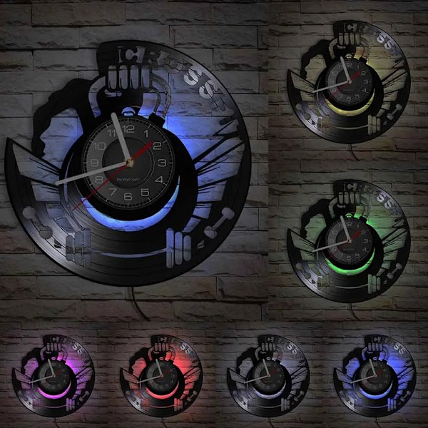 Bodybuilding Väggklocka Tillverkad av Äkta Vinylskiva Träning Tyngdlyftning Gymutrustning LED Bakgrundsbelysning Modern Klocka Till Kroppsbyggare With LED(.106)