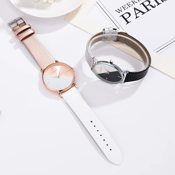 Klockor Dam 2022 Nytt Mode Dam Söt Klänning Watch Colorblock Urtavla Analog Quartz Läder Armband Armbandsur montre femme White
