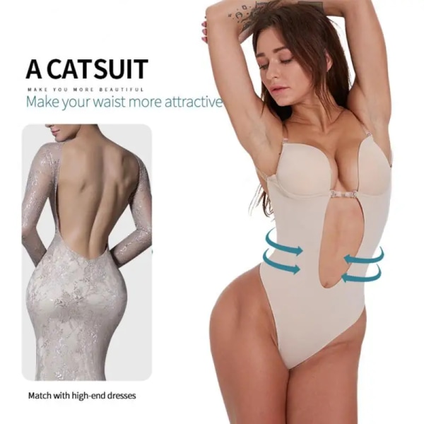 Sexig helkroppsdräkt Djup V-hals Kroppsformare Rygglös låg midja stringtrosa Damer Sheer Straps Push Up BHS Seamless Body Underkläder skin S 32