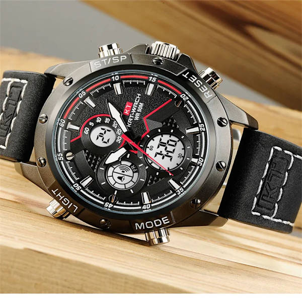 Simning 50M Sport Stor urtavla Läder Vattentät watch Herr Digitala klockor utomhus LED Elektronisk Militär Väckarklocka Manklocka NYHET Blue
