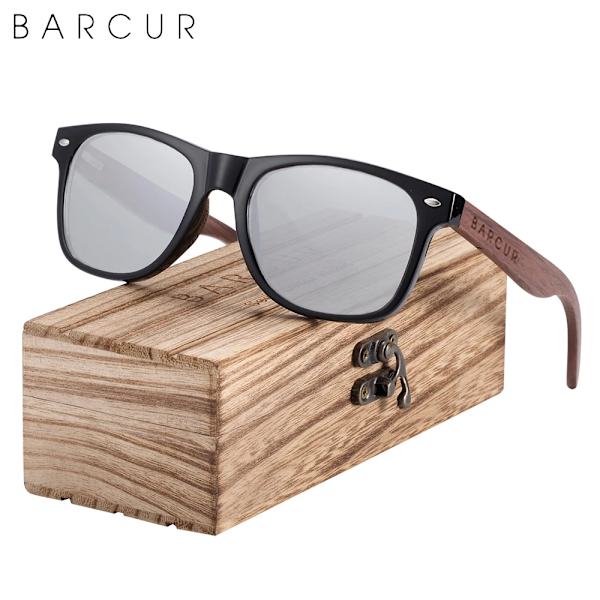 BARCUR Black Walnut Solglasögon Trä Polariserade Solglasögon Herr Glasögon Herr UV400 Skyddsglasögon Original Träkartong Silver Wood box BARCUR Polarized
