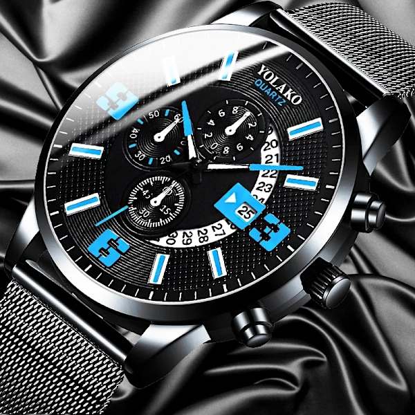 Klockor Herrmode Kalenderklocka Herr Watch Rostfritt stål Mesh Bälte Quartz Armbandsur Watch relogio masculino Black Blue(.348)