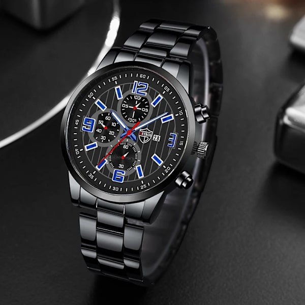 Herrmode Sportklockor för män Business rostfritt stål Quartz Armbandsur Kalender Man Casual Läder Luminous Clock Watch Leather Black Silver
