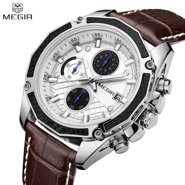 MEGIR Officiell kvarts klockor för män i äkta läder Sport Racing Män Studenter Game Run Chronograph Watch Man Glow Hands Black