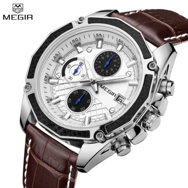 MEGIR Officiell kvarts klockor för män i äkta läder Sport Racing Män Studenter Game Run Chronograph Watch Man Glow Hands White