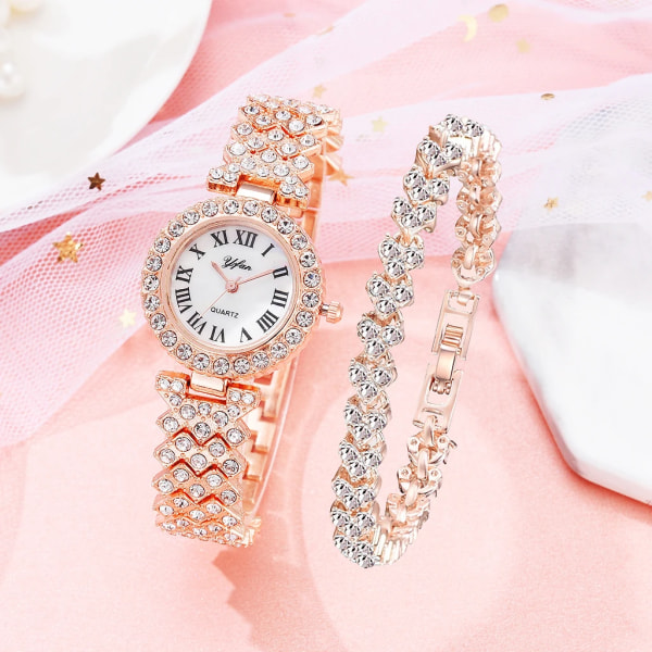 Lyx Kvinnor Rose Gold Watch Mode Dam Quartz Diamond Armbandsur Elegant Kvinnlig Armband Klockor 2st Set Reloj Mujer silver