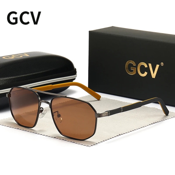 GCV 2021 Brand Classic Pilot Square Polarized Solglasögon Metallbåge Herr Körning Man Solglasögon Glasögon UV-blockerande Lyx BLACK TEA Polarized