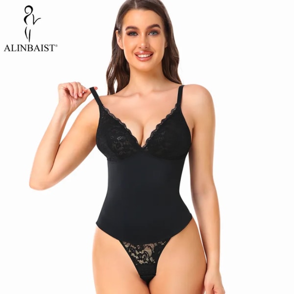 Stringtrosa Shapewear Body Dam Helkroppsformare Overbust Spets Underkläder Body Suit Öppen gren Spets BH Underkläder Remmar Black S