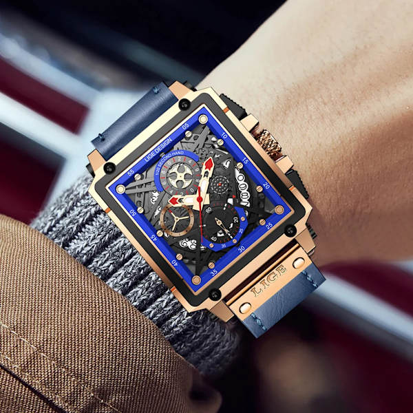 2023 nya LIGE Herrklockor Toppmärke Lyx Hollow Square Watch För män Mode Läderrem Vattentät Quartz Armbandsur Leather black