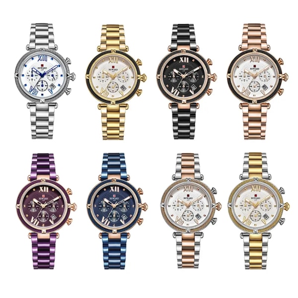 REWARD Mode Kvinnor Armbandsur i rostfritt stål Kvartsklockor Kronografkalender Vattentät Watch Present till fru Silver-Gold