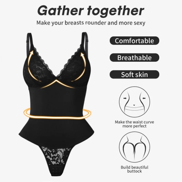 Stringtrosa Shapewear Body Dam Helkroppsformare Overbust Spets Underkläder Body Suit Öppen gren Spets BH Underkläder Remmar Black 4XL