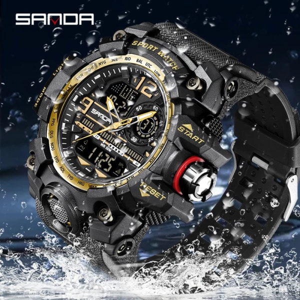 SANDA 2022 New Style Herrklockor 50M Vattentät Sport Militär Quartz Watch För Man Digital Armbandsur Klocka Black 3133