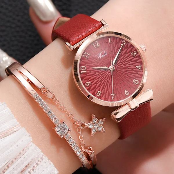 Mode Damklockor Lyxig läderblomma Watch för kvinnor Dam Quartz Watch med set Reloj Mujer Leather Red Set