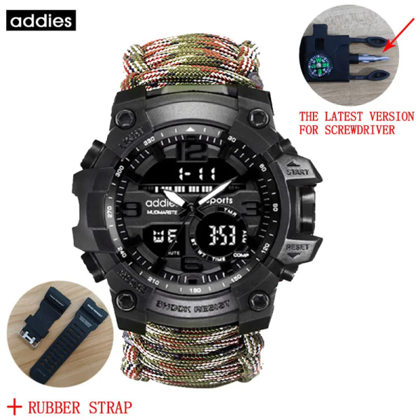 ADDIES Herr Militärsport Digitala klockor Kompass Outdoor Survival Multifunktion Vattentät Watch Relogio Masculino camouflage strap