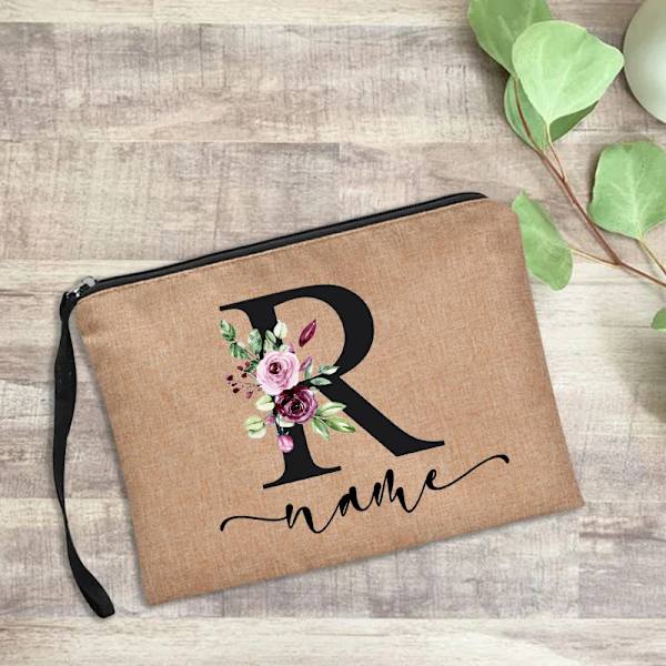 Personligt namn Kvinnor Sminkväska Alfabet Blommor Canvas Kosmetiska fodral Handväska Utomhusfest Bröllopspresenter Kawaii Makeup D4blackfR