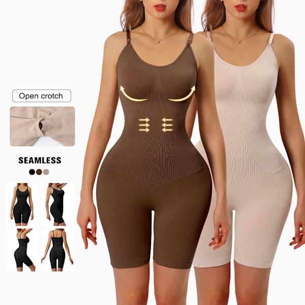 MISTHIN Kvinnor Helkroppsformare Magkontroll Långa trosor Sömlös Bodysuit Rem Kompression BH Plus Underkläder Slimming Shorts Brown M