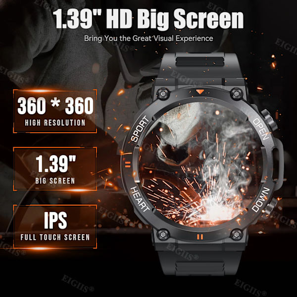 EIGIIS Smart Watch Herr 1,39'' IPS-skärm Bluetooth Call Watch 24 Sportlägen 400mAh batteriklocka Smartwatch For Herr Silicone Army green Bluetooth Call