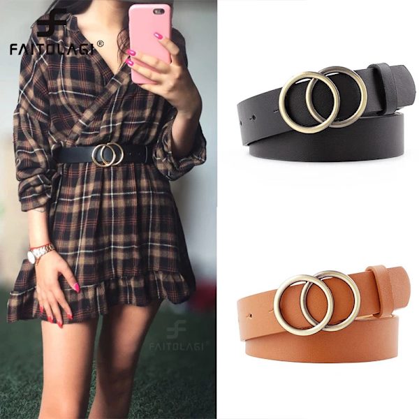 Mode dubbelt runt bälte Guld Silver Spänne Midjebälten För Kvinnor Läderbälte Dam Jeans Klänning Tillbehör ceinture femme coffee style 2