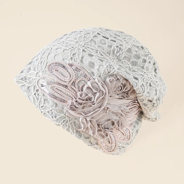 Dam Beanie Hatt med Spets för Vår & Höst - Unik Svart Hatt med Blommor - Etnisk Stil Stickad Mössa khaki