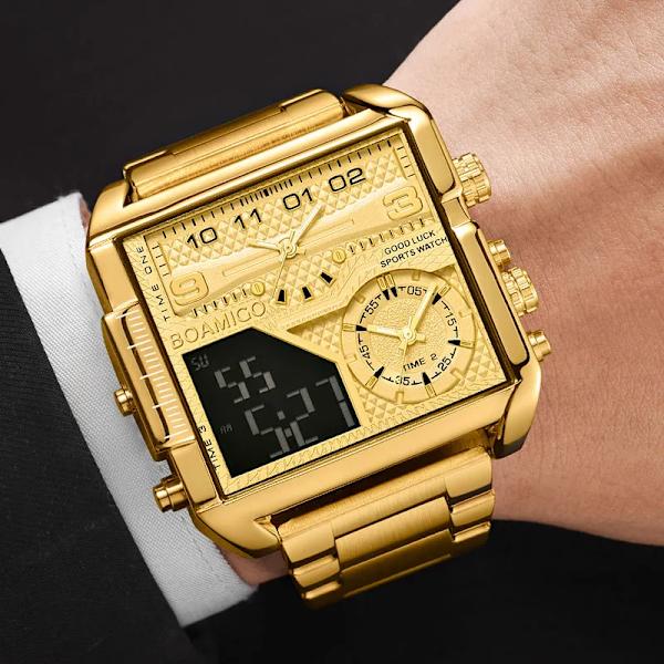 BOAMIGO Toppmärke Lyxmode Herrklockor Guld Stål Sport Fyrkantig Digital Analog Big Quartz Watch for Man relogio masculino black pi(.103)