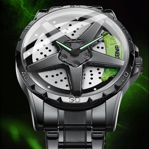 BINBOND Rotation Rim Hub Watch Herrklockor Vattentät rostfritt stålhjul Quartz Armbandsur Herr Relogio Masculino Mesh Silver Red