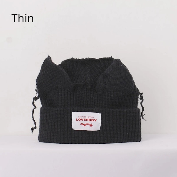 Loverboy Kattöron Stickad Hatt Dubbellager Varm Grisöron Hatt Söt Mode Huva Niche Design Hip-Hop Personlighet Kalla Hatt P30 black thin M 56-58cm