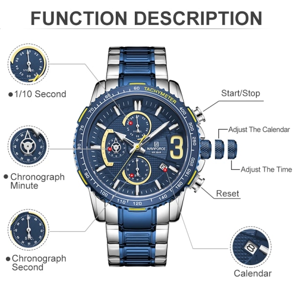 NAVIFORCE Watch för män Quartz Chronograph Sport Vattentät Man Klockor Militärmode Armbandsur i rostfritt stål SB