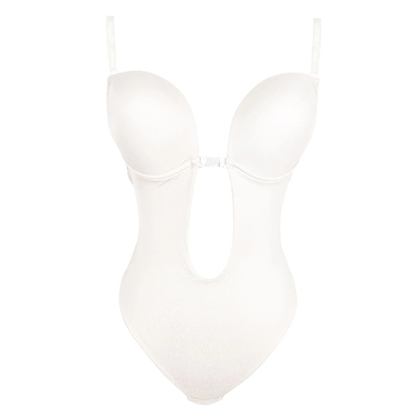 Woo Store Push Up Dam Bodysuit Sexig Shapewear Rygglösa underkläder Djup V-halsrem U Plunge BH med stringtrosa White M