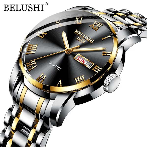BELUSHI Herrmode Business Quartz Klockor Topp Lyx Märke Helt Stål Vattentät Analog Armbandsur Herr Kalenderklocka Silver Golden Black