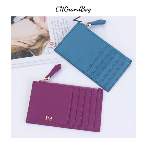Anpassade bokstäver äkta läder Dragkedja Korthållare Mini Kort Damplånbok Koreanska Japan Pengarväska Lady Myntväska linen blue