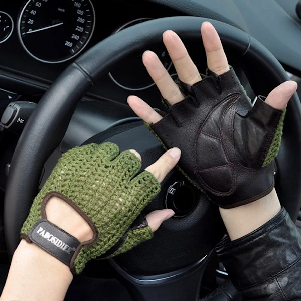 Fingerlösa handskar i läder och mesh Motocross Fisknät Bilkörning Taktiska handskar Motorcykeltillbehör Arbetscykling Herrhandskar Gloves C